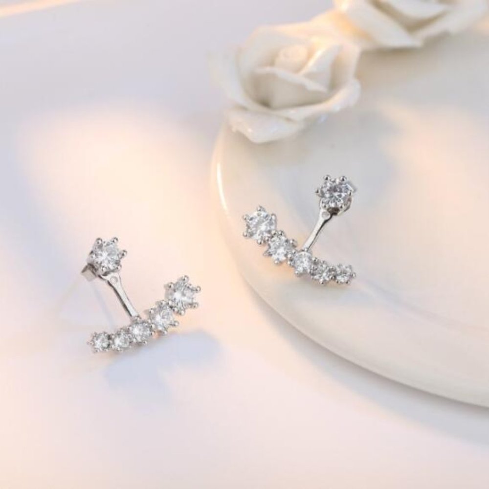 Silver Front Back Double Sided Cubic Zircon Stud Earrings - Picture 3 of 6